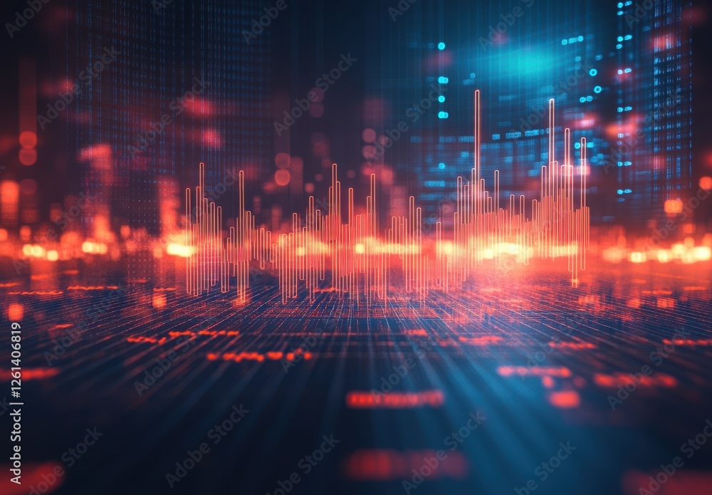 Poster abstract digital visualization of data flow and information analysis with glowing bars and circuits 