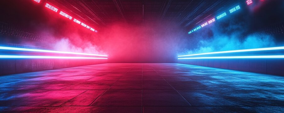 Dynamic light show event futuristic arena digital art scene neon environment wide angle view energy and innovation