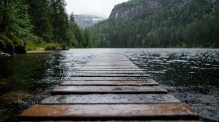 Obraz premium Wooden Pier on Rainy Lake Leads to Mountains
