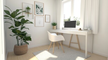 Fototapeta premium Bright and minimalist home office setup with indoor greenery and natural light