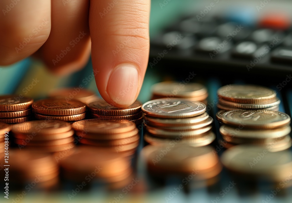 Poster close-up of a finger touching a stack of coins on a colorful background with a calculator in the sce