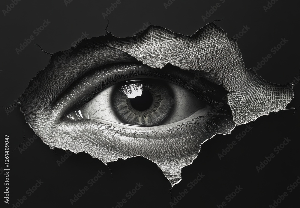 Poster close-up of an eye peeking through torn paper with intricate details and texture highlighting the be