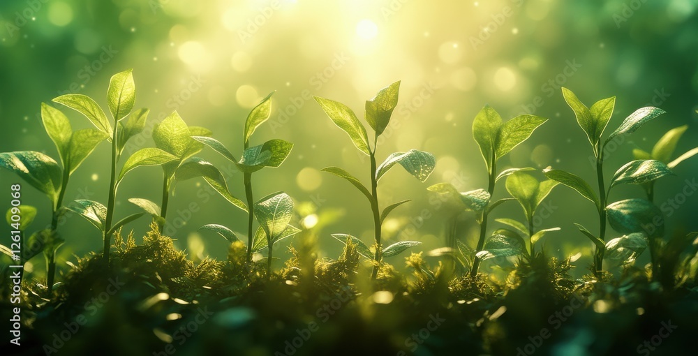 Aufkleber close-up of fresh green sprouts growing in lush soil with soft sunlight and bokeh effect in the back