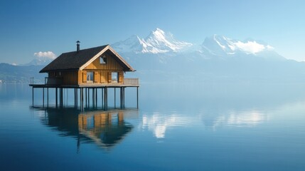 Idyllic stilt house over serene water, mountain backdrop, peacefullness
