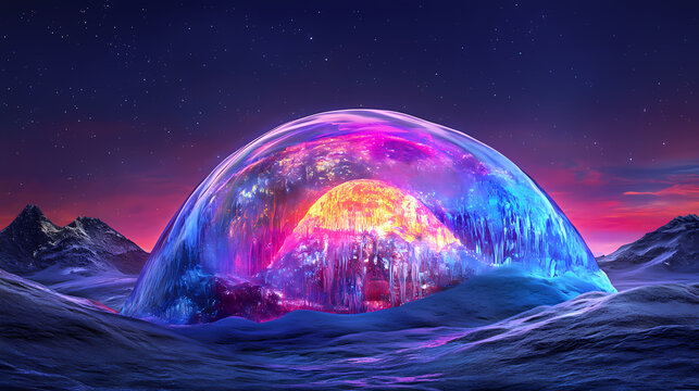 Frozen volcano with glowing dome shelter in vibrant colors. Frozen Cosmic Storms. Illustration