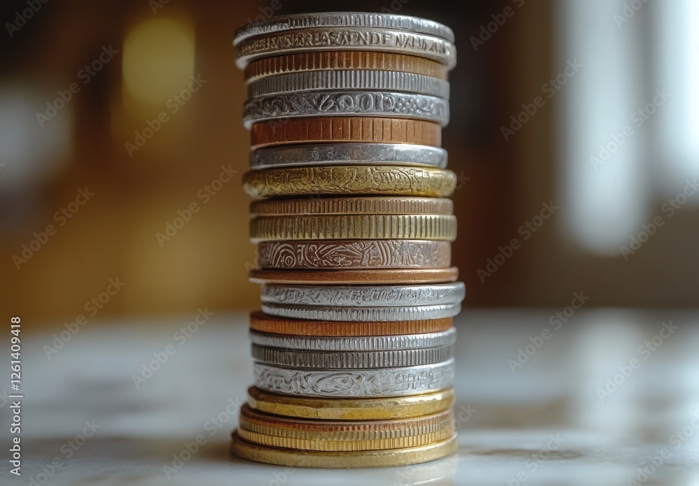Aufkleber close-up stack of various coins displaying unique textures and designs on an elegant marble surface 
