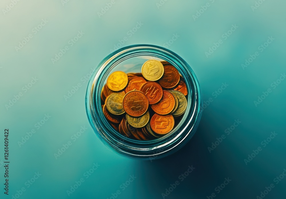 Poster close-up view of a jar filled with various coins on a colorful background, symbolizing savings and f