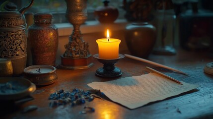 Candlelit desk holds antique letter quill