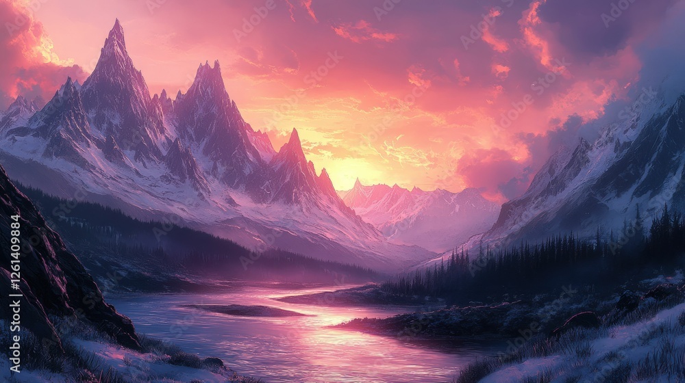 Wall mural Serene sunset paints snowy peaks pink hues.