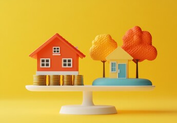Fototapeta premium Colorful Model Houses on a Scale with Coins and Trees Representing Real Estate Investment and Financial Balance in a Bright Yellow Background