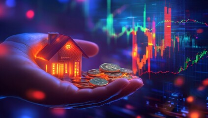 Hand holding model house over coins, financial market background