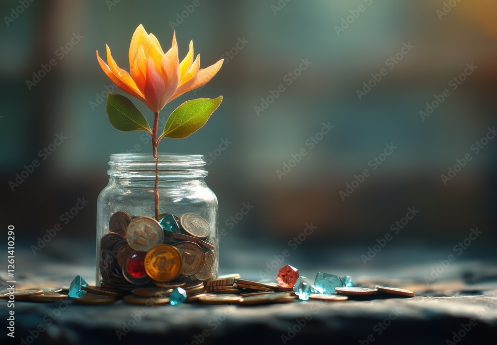 Poster conceptual image of growth and investment with a flower emerging from a jar of coins representing fi