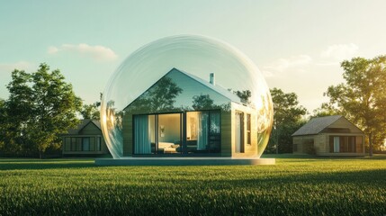 On a clear outside background, a modern home enclosed in a translucent bubble symbolizes safety and property insurance.