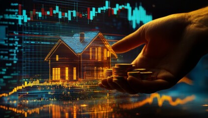 Hand holding coins over a house model, financial chart background