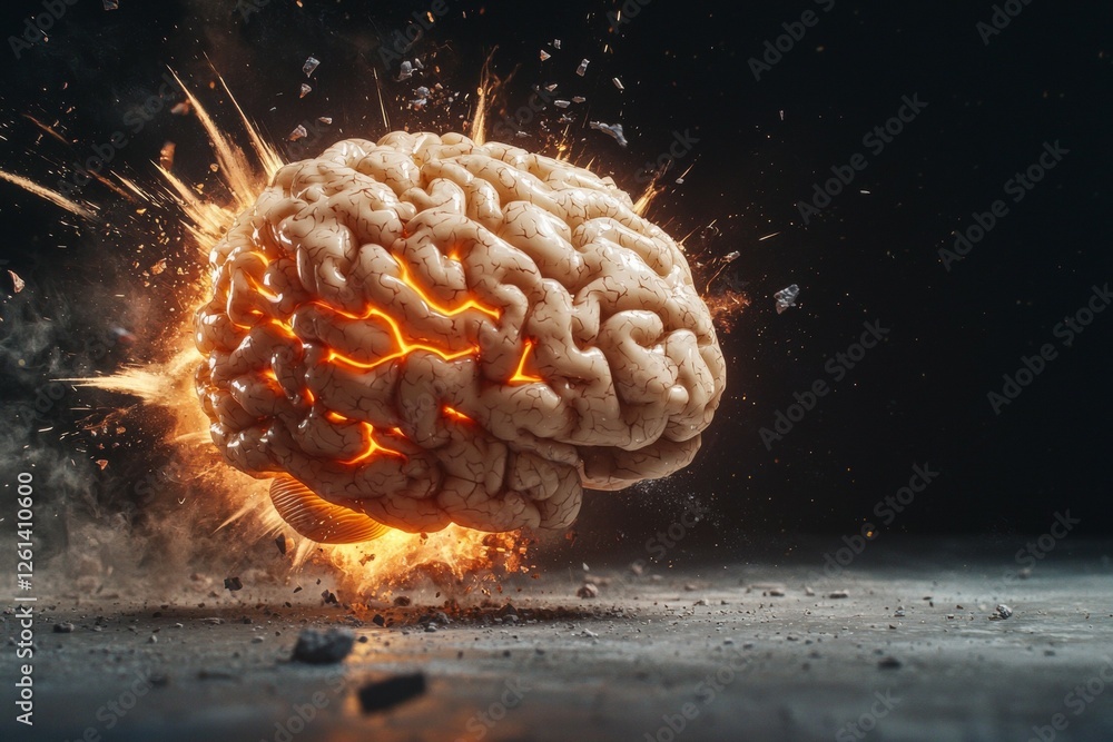Poster brain is exploding with fire and debris