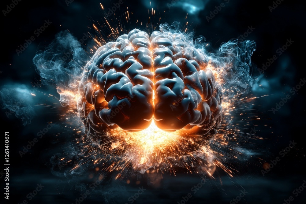 Poster brain is exploding with sparks and smoke