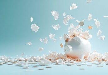 Creative Savings Concept with Piggy Bank Surrounded by Coins and Paper Shreds on a Soft Blue Background for Financial and Business Themes