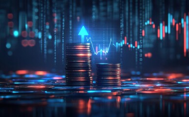 Cryptocurrency Investment growth visualization with digital coins and rising graphs in a futuristic technology background