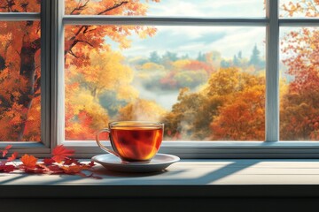 Autumn tea, window view, fall foliage, cozy morning