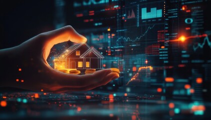 Hand holding a house model over financial data