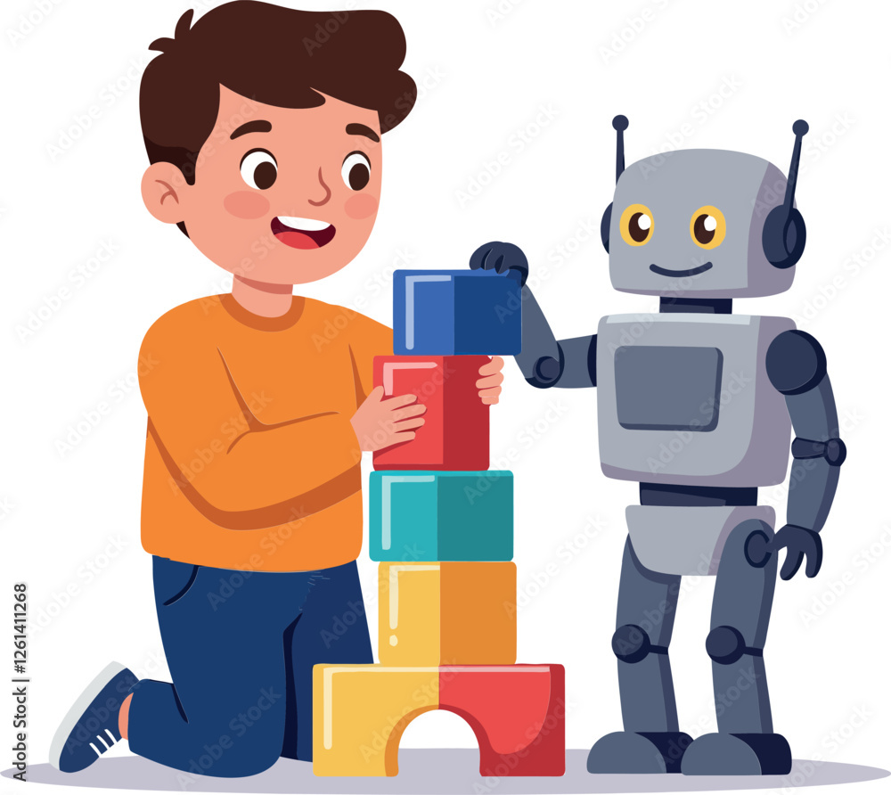 Aufkleber child playing with colorful blocks alongside a friendly robot in a flat vector illustration