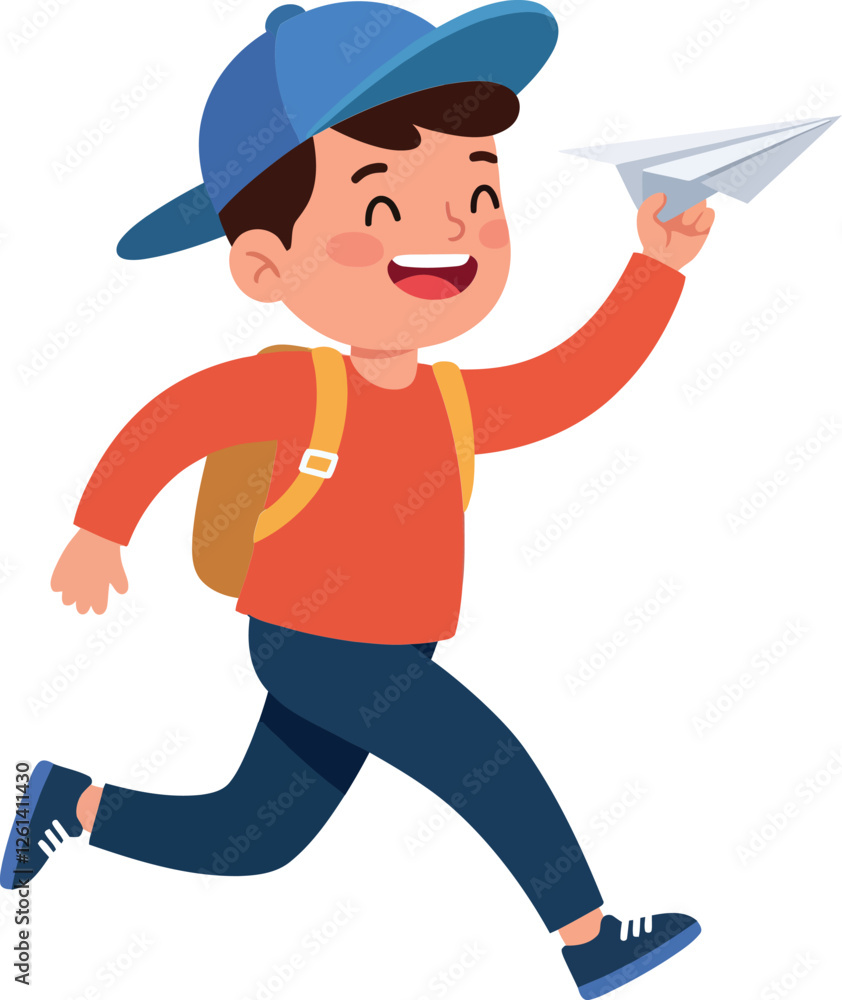 Aufkleber a joyful child running with a paper airplane in minimal flat design vector art