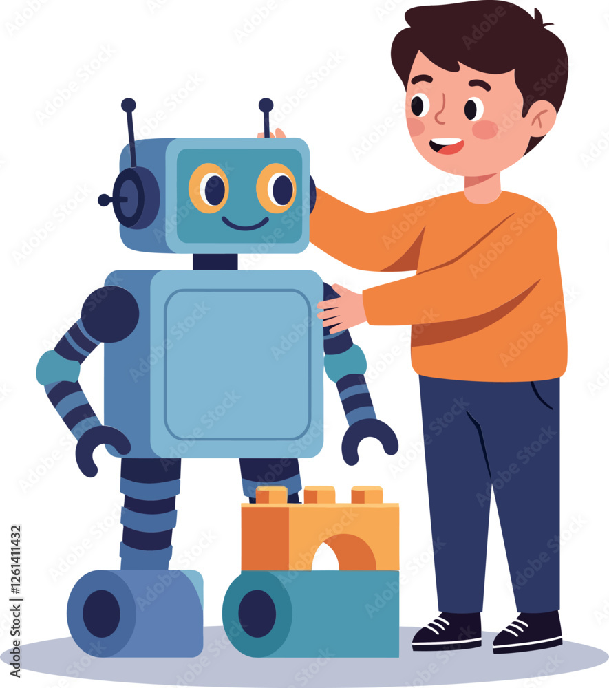 Poster happy child interacting with friendly robot in minimal flat design vector illustration