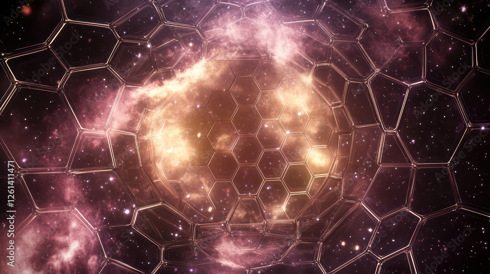 Poster stunning 3d rendering of hexagonal grid set against cosmic background, showcasing vibrant colors and