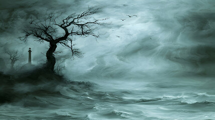 Gloomy, lonely island with a barren tree and lighthouse; stormy sea. Possible use for book cover or movie poster