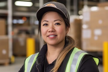 Asian female warehouse worker with cap and safety vest smiling in logistics center