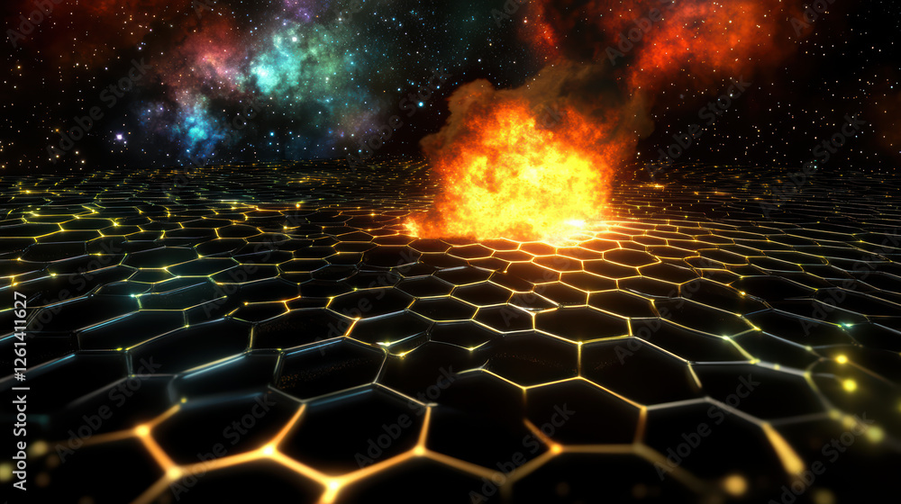 Poster vibrant cosmic explosion erupts from hexagonal grid, surrounded by starry background filled with col