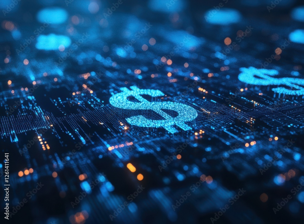 Poster digital currency concept with blue dollar signs and abstract data flow in a technological background