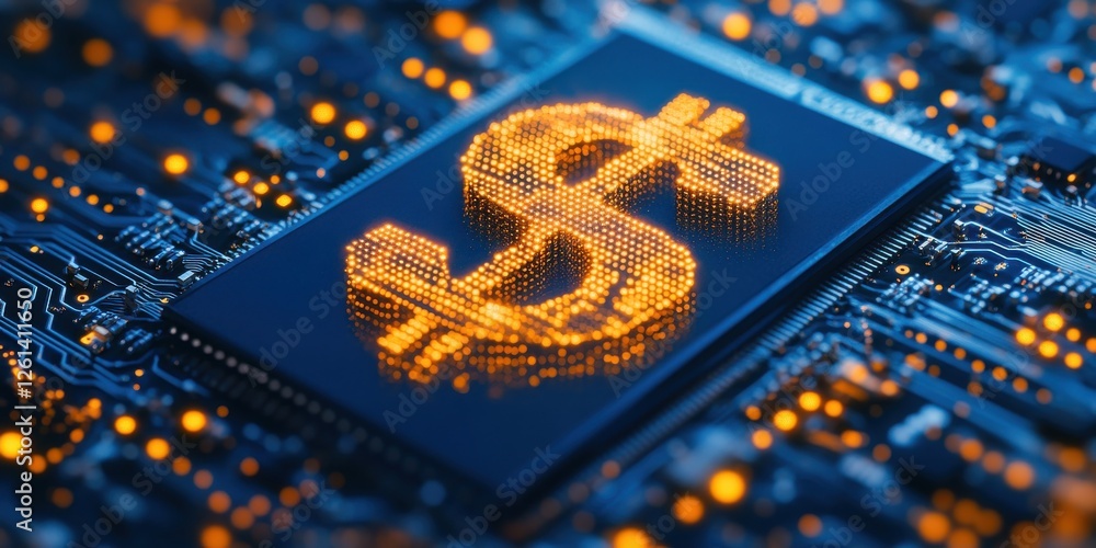 Poster digital currency concept with dollar symbol on circuit board background representing financial techn