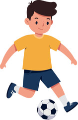 Obraz premium Young boy kicking a soccer ball in a playful manner, flat design, colorful vector illustration