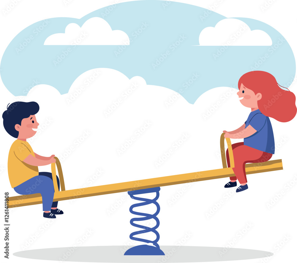 Poster two children playing on a colorful seesaw in a flat vector art style with clouds and cheerful expres