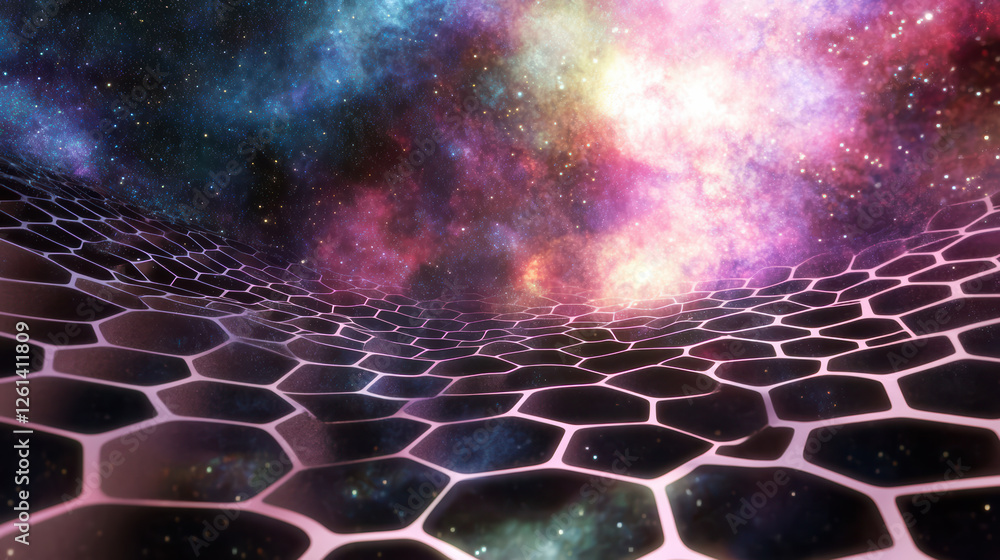 Aufkleber stunning 3d rendering of hexagonal grid set against vibrant cosmic nebula, showcasing blend of color