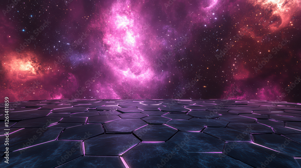 Poster stunning 3d rendering of hexagonal grid set against cosmic nebula, showcasing vibrant colors and sta