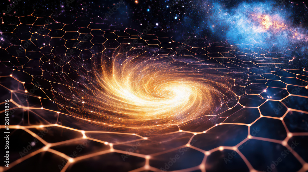 Poster cosmic swirl within hexagonal grid, showcasing vibrant colors and sense of depth, evokes feelings of