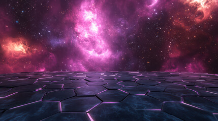 Obraz premium stunning 3D rendering of hexagonal grid set against cosmic nebula, showcasing vibrant colors and starry background that evokes sense of wonder and exploration