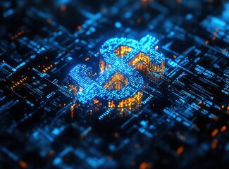 Digital Currency Symbol Representing Financial Growth in Technological Landscape with Neon Colors and Abstract Circuit Patterns