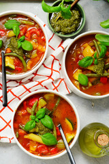 Minestrone soup with pesto.style hugge.selective focus