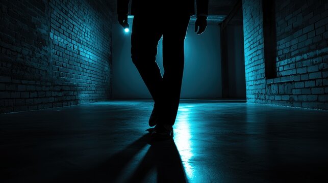 Mysterious figure walking in dimly lit hallway urban setting photography cinematic atmosphere low angle view suspenseful concept