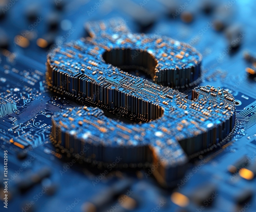 Poster digital dollar sign surrounded by circuit board patterns representing technology and finance concept