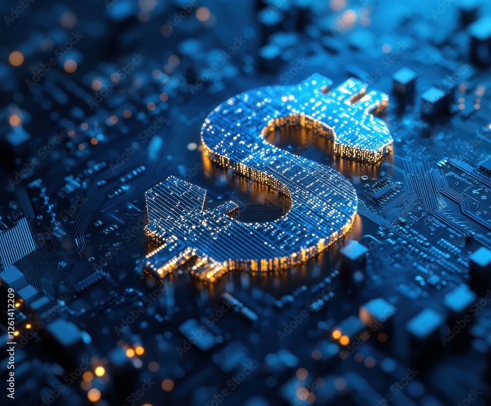 Aufkleber digital dollar symbol illuminated on a circuit board with glowing lines representing technology, fin