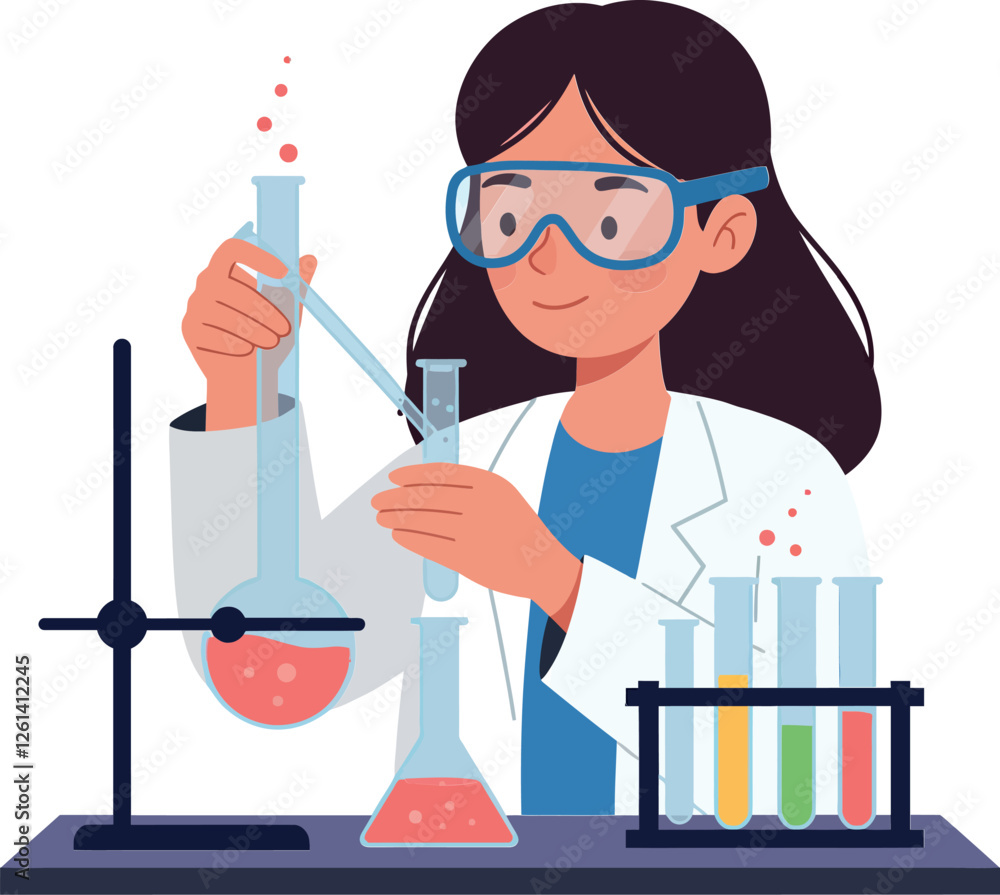 Poster young scientist conducting experiments in a laboratory with colorful liquids in flat vector art