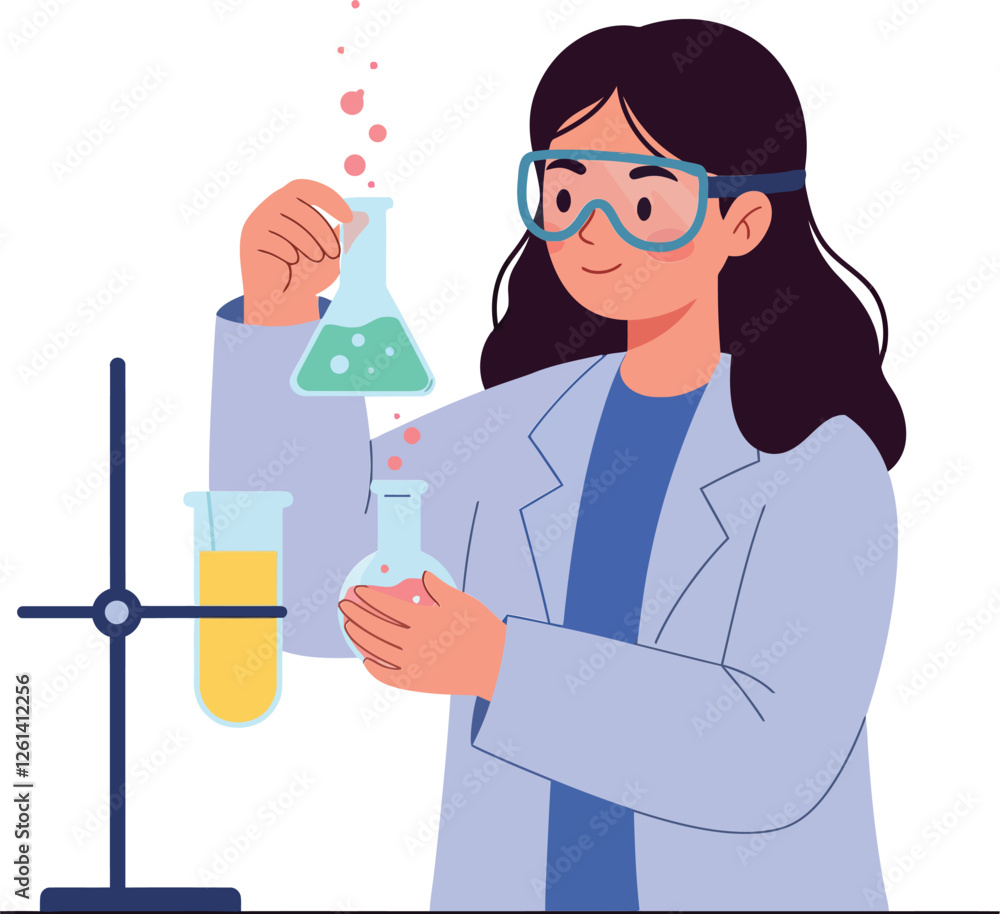 Aufkleber scientist conducting experiments with colorful liquids in laboratory, flat design vector art