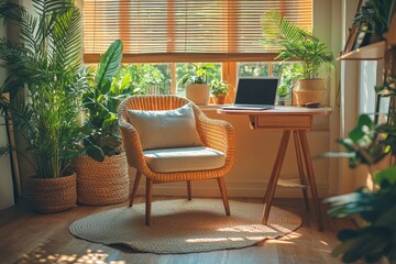 Fototapeta premium Sunny home office with plants, laptop, and chair