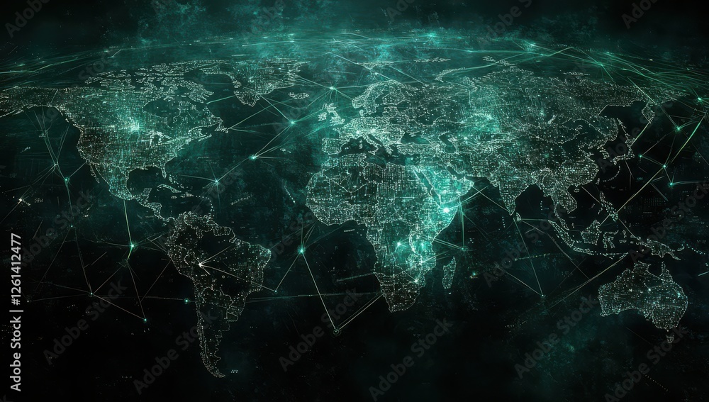 Poster digital network map of earth depicting global connectivity and data flow with glowing points and lin