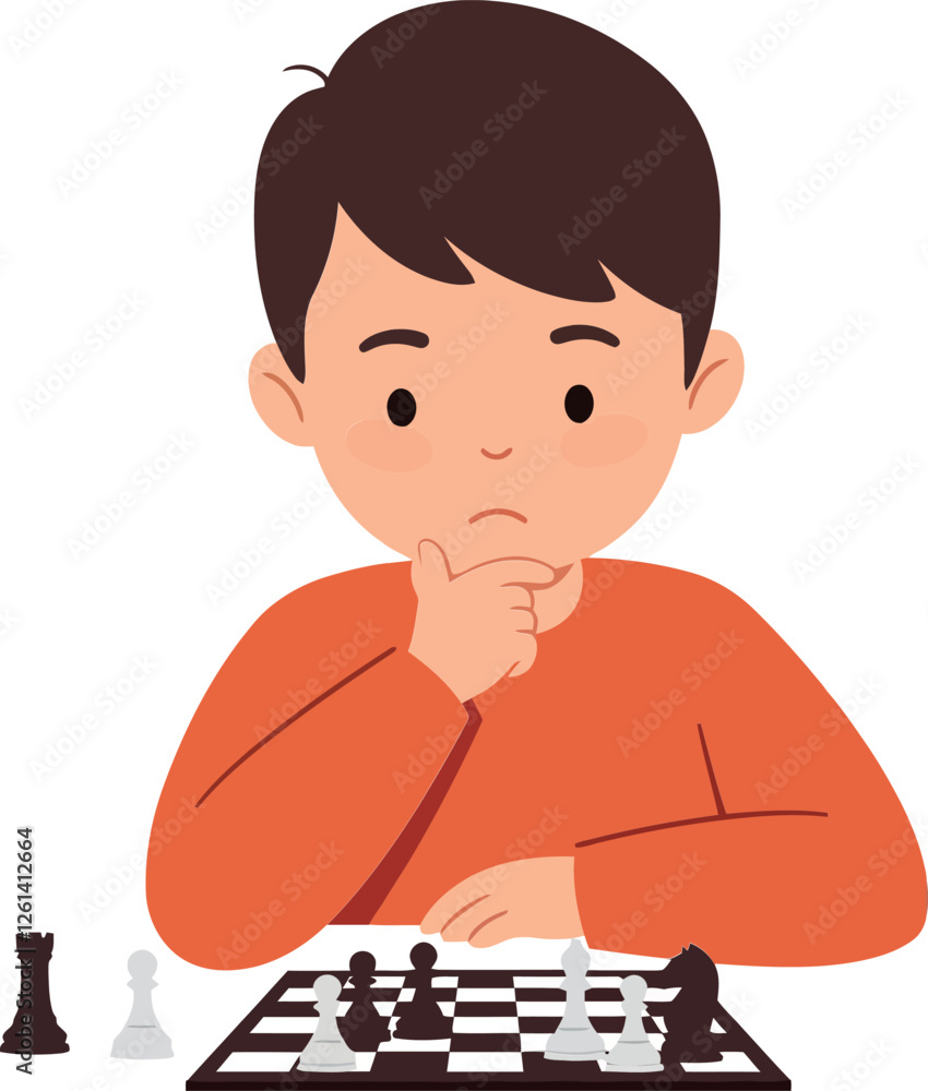 Poster young boy contemplating chess moves in minimal style vector illustration with thoughtful expression 