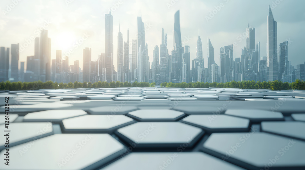 Poster futuristic city skyline with hexagonal grid foreground, showcasing modern architecture and advanced 